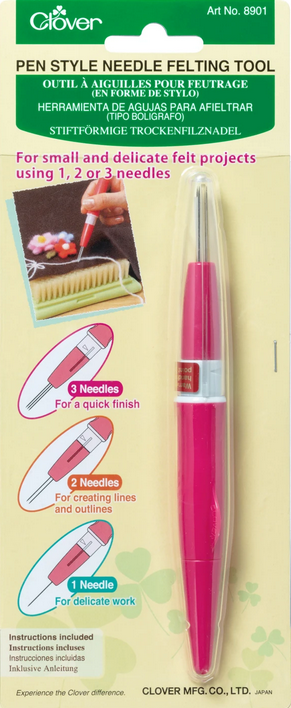 Clover pen-style needle felting tool packaging with pink tool and text on a beige background